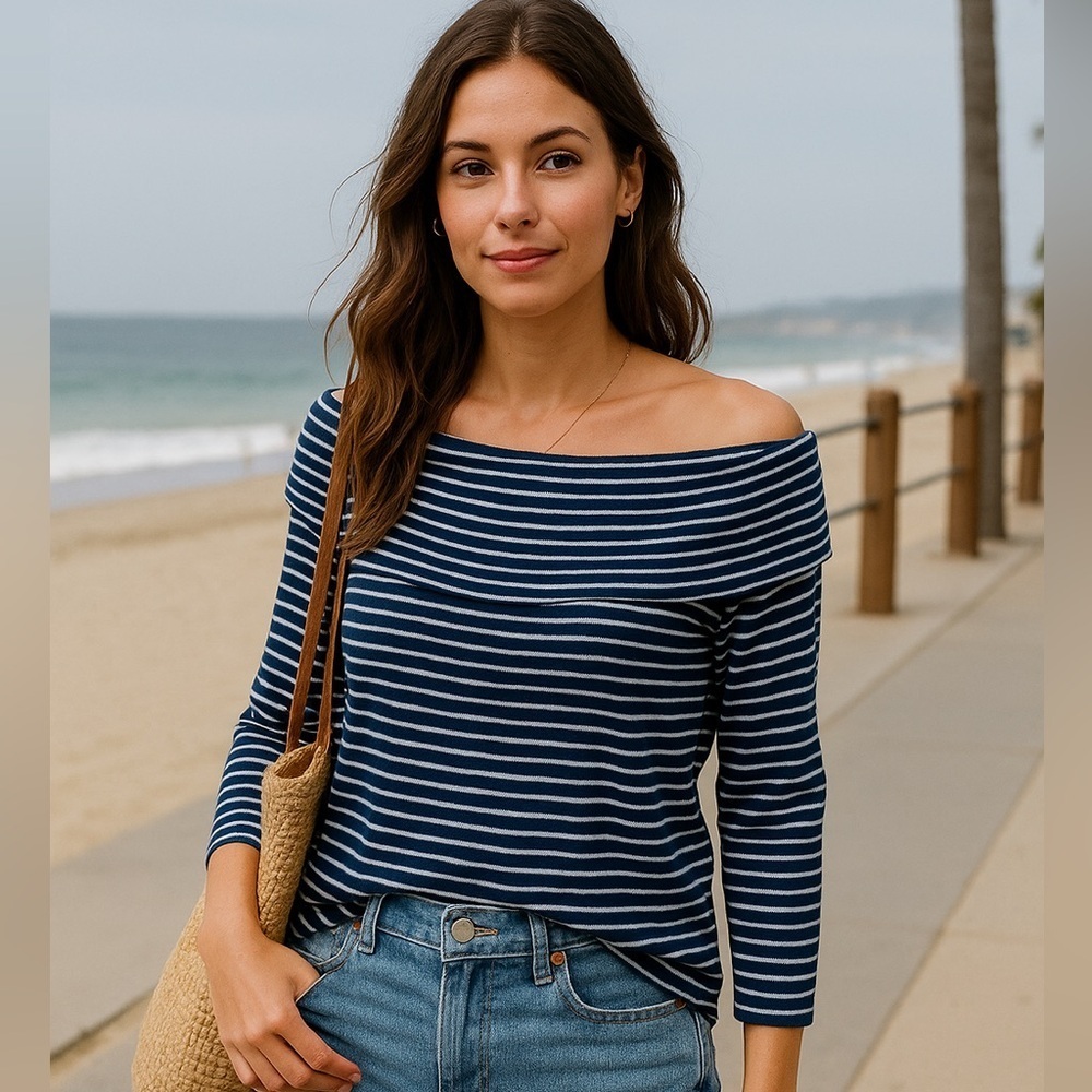 Lucky Brand Off-Shoulder Navy Stripe Long Sleeve Top XL NWT